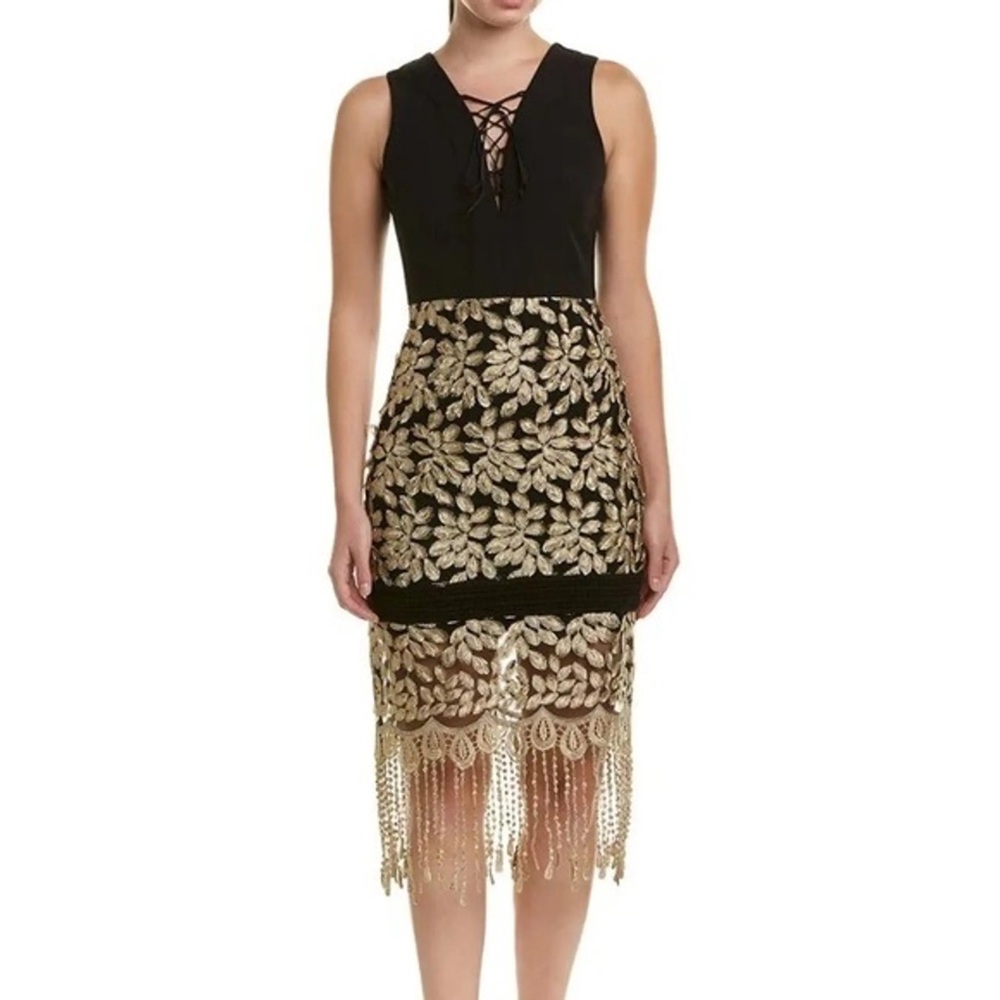 Belle by Badgley Mischka Black and Gold Willa Dress Size 4 Fringe Lace Up Event